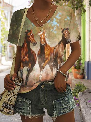 Western Running Horses Art Short Sleeve Casual T Shirt