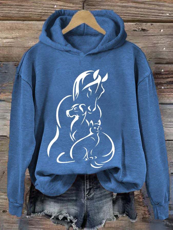 Women's Horse Dog Cat Print Hooded Sweatshirt