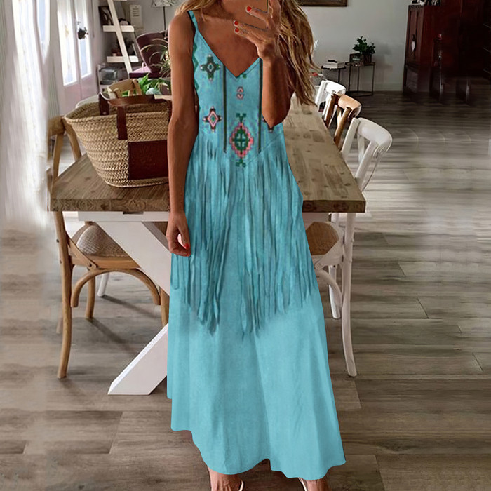 Vintage Western Fringe Print V-Neck Maxi Dress