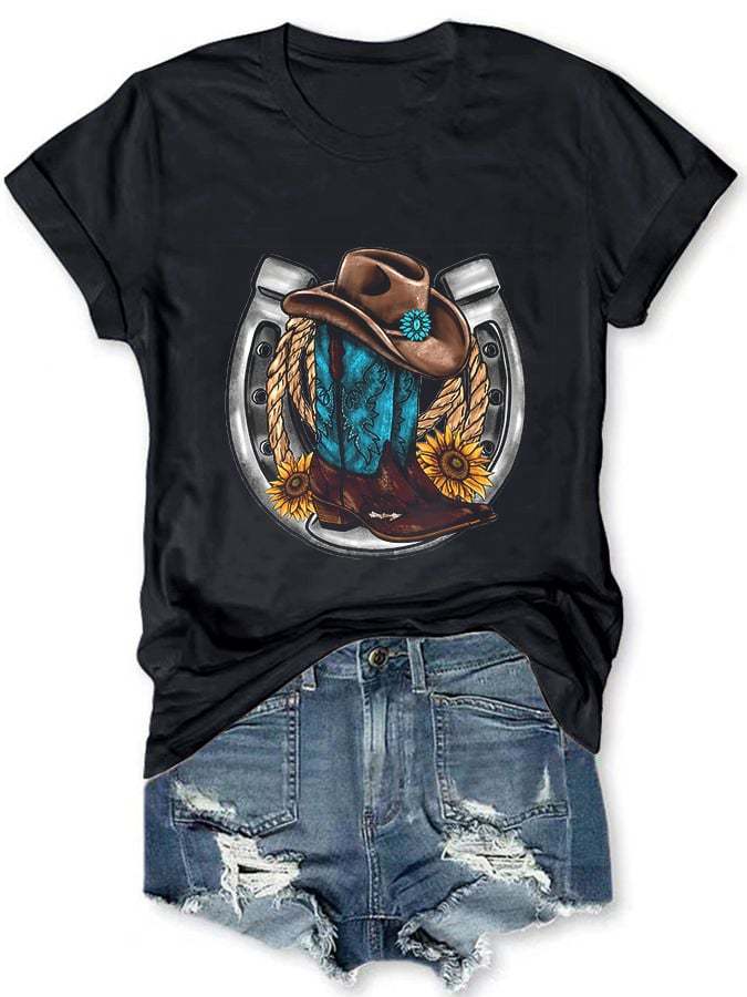 Women's Turquoise Western Boots Print Short Sleeve T-Shirt