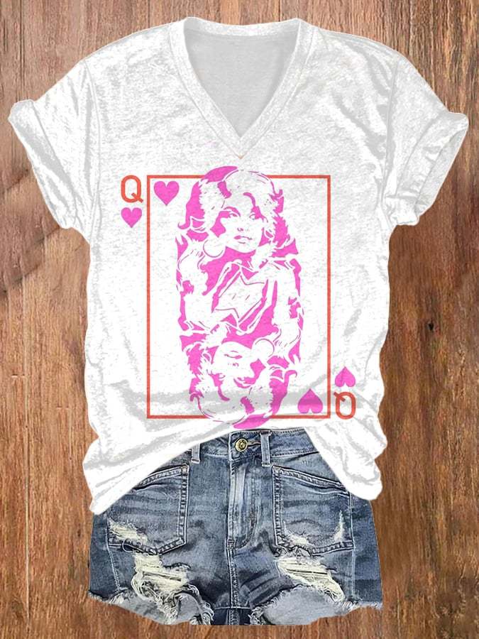 Women'S Dolly Parton Shirt Queen Dolly Parton Q Heart  Print Short Sleeve Casual T-Shirt