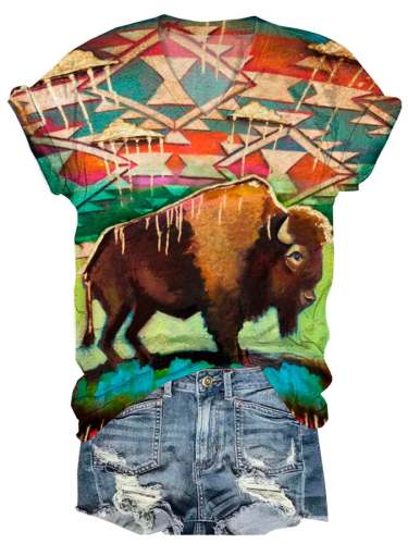 Women's Western Cow Geometry Print Casual T-Shirt