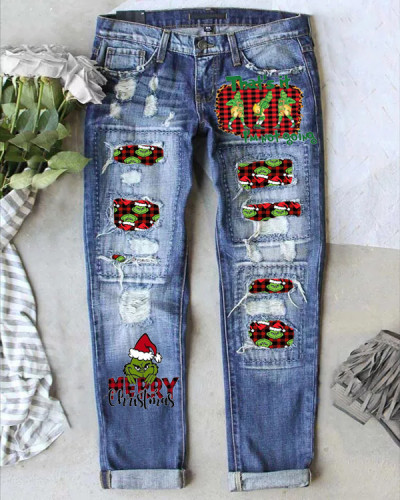 Women's Grinch Christmas Print Loose Jeans4