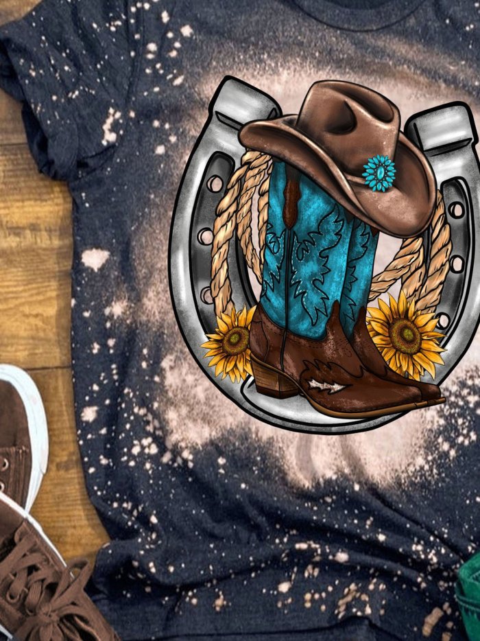 Women's Western Horseshoe Boots Hat Rope Sunflower Print T-Shirt