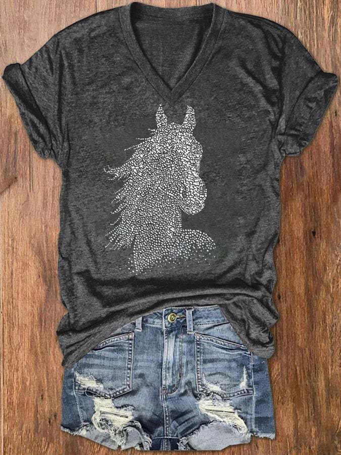 Women's Western Horse Print Casual V-Neck Tee