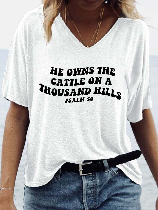 Women's Faith Western 'He Owns The Cattle On A Thousand Hills' Print V Neck T-Shirt