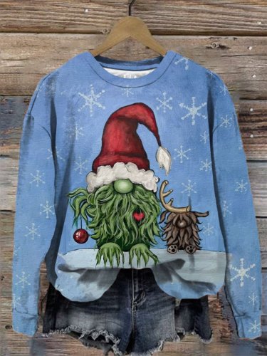 Women's Christmas Green Gnome Print Crew Neck Sweatshirt