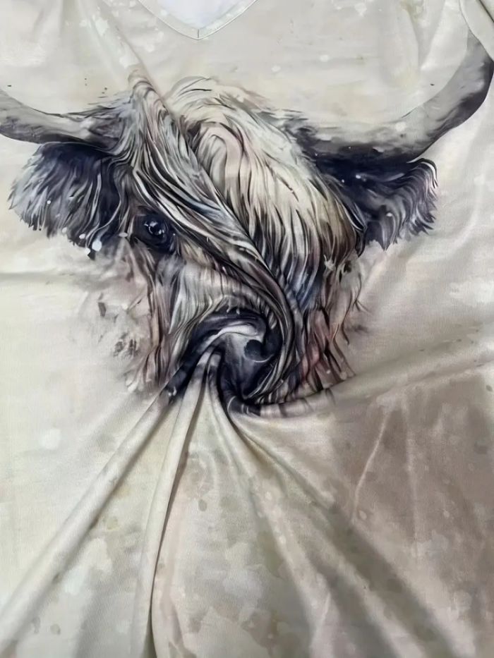 Cow Head Print V Neck T-Shirt