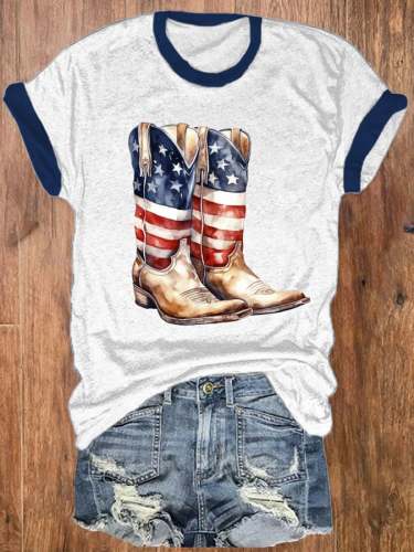 Women's Western Flag Cowboy Boot Print Crew Neck T-Shirt