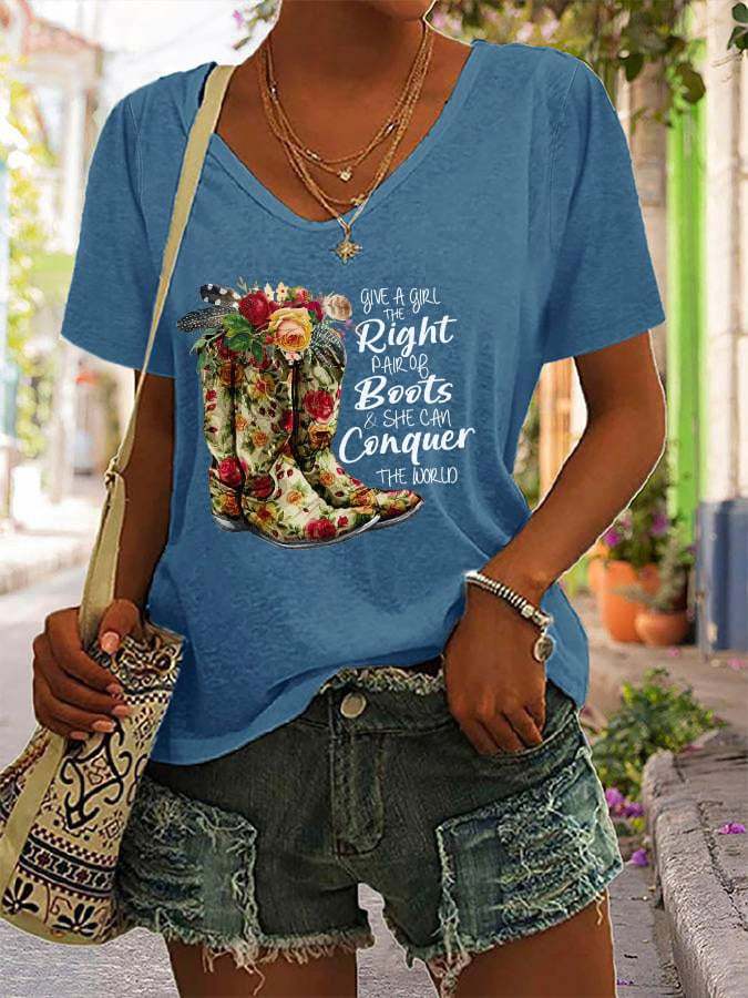 Women's Give A Girl The Right Pair Of Boots And She Can Conquer The World V-Neck Tee