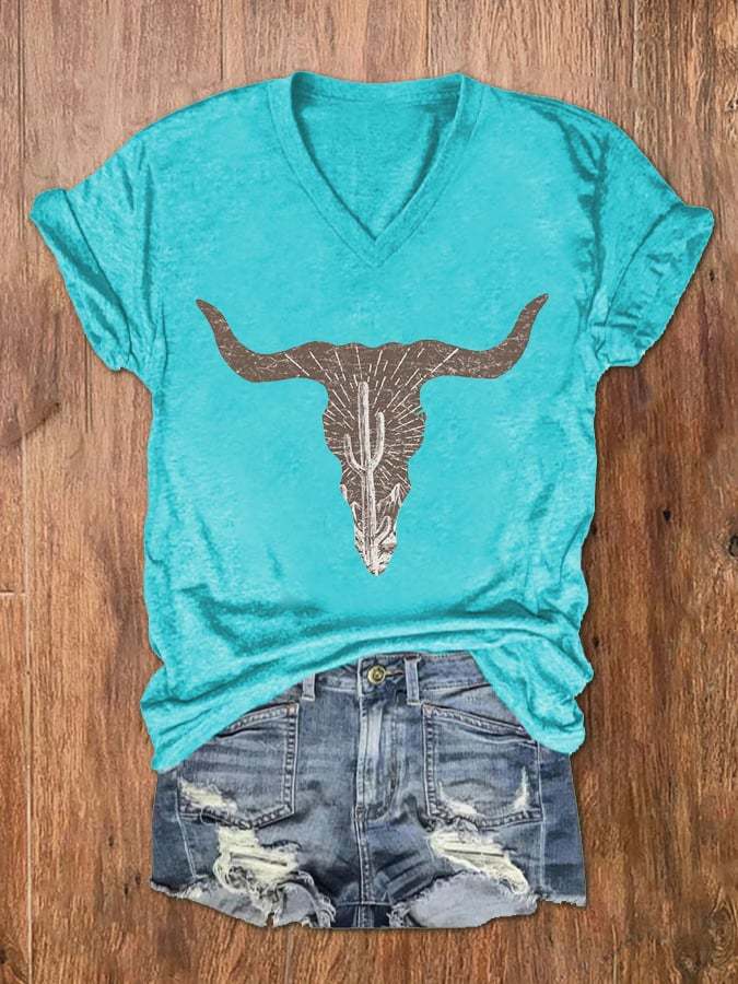 Women's Cow Skull Desert Cactus Silhouette  Print V-Neck T-Shirt