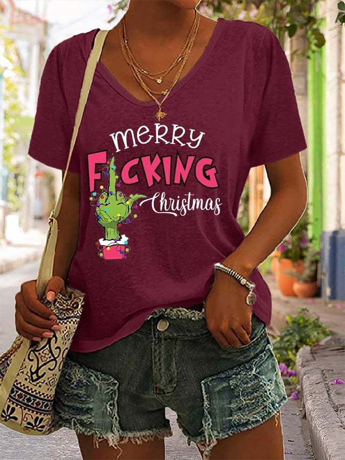 Women's Funny Merry F*cking Christmas Casual V-Neck Tee
