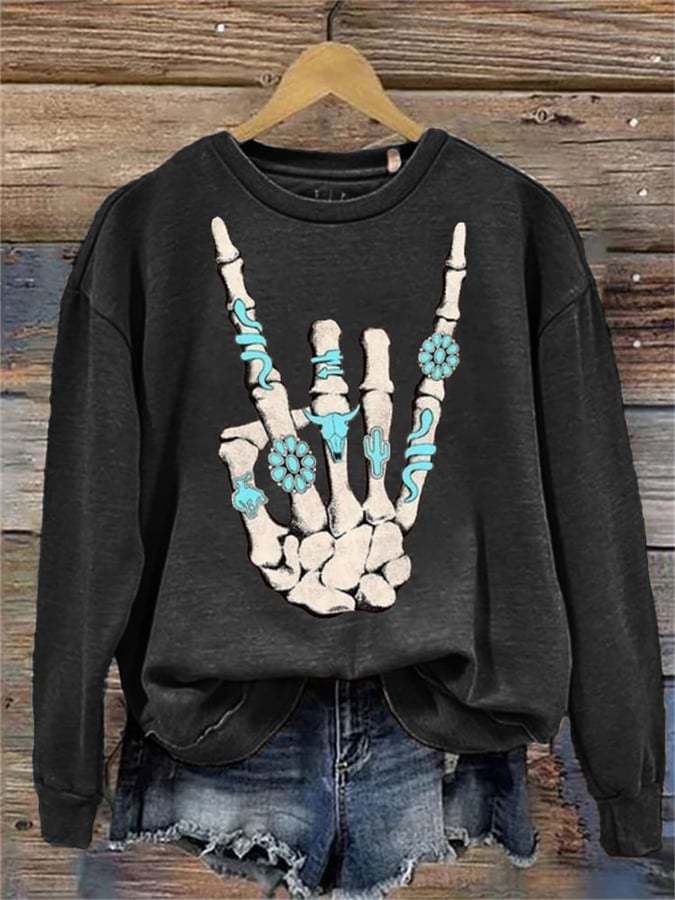 Rock Western Skull with Turquoise Wash Sweatshirt
