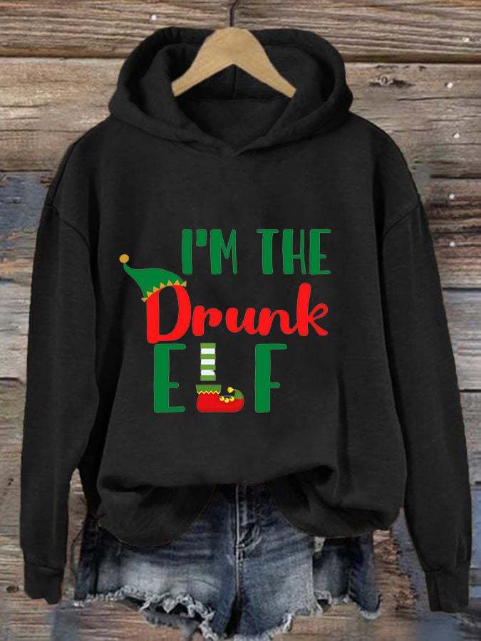 Women's I'M The Drunk Elf Funny Christmas Print Casual Hoodie