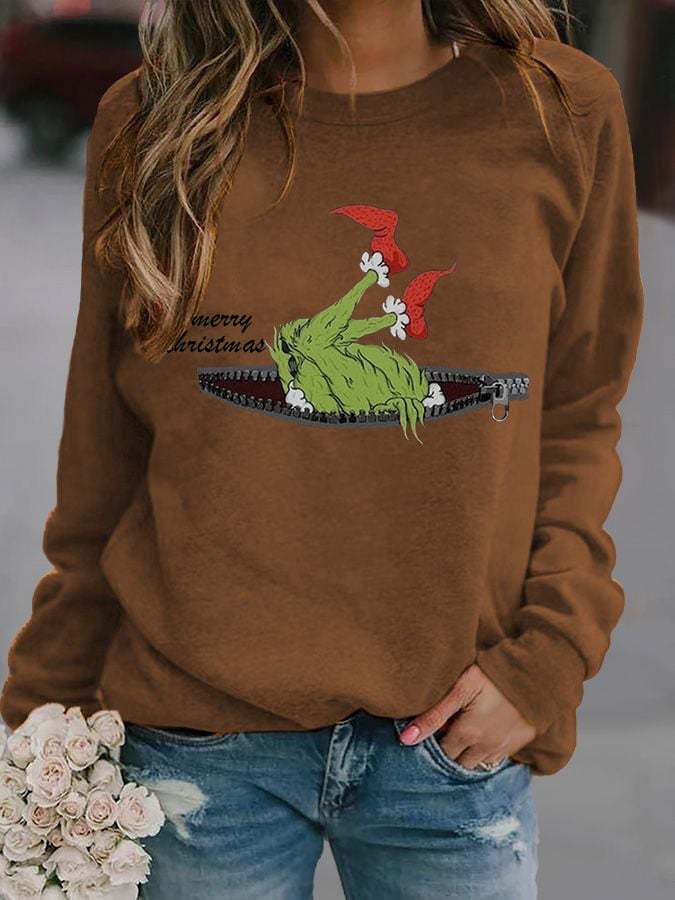 Women's Casual Merry Chrismas Print Long Sleeve Sweatshirt