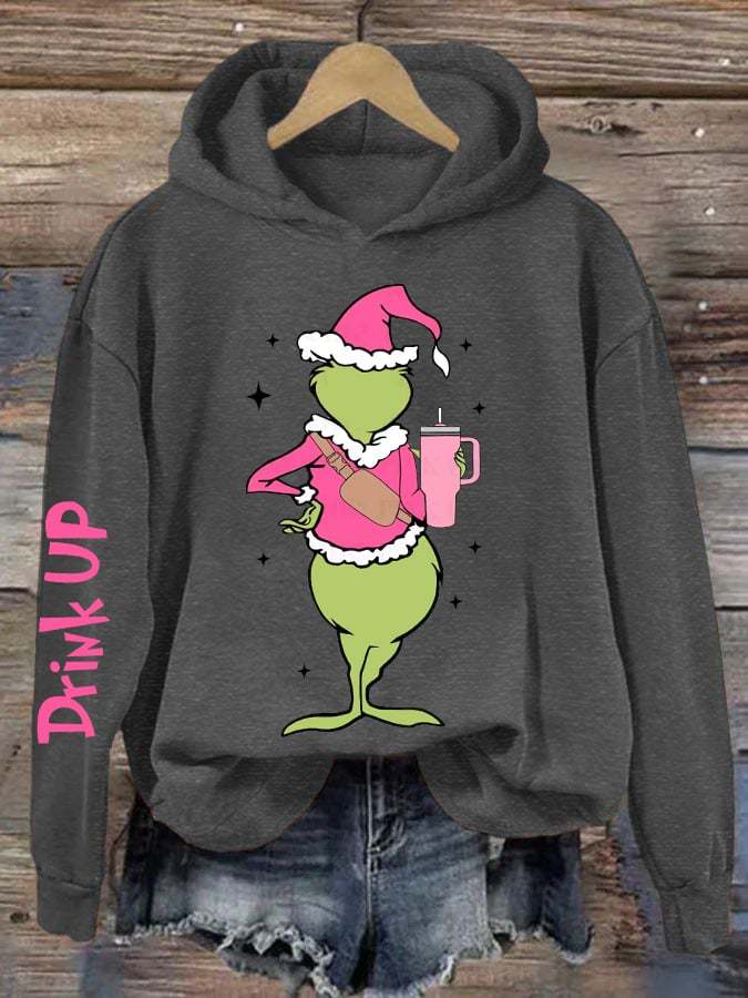Women's Drink Up Christmas Pink Cartoon Character Graphic Casual Hoodie