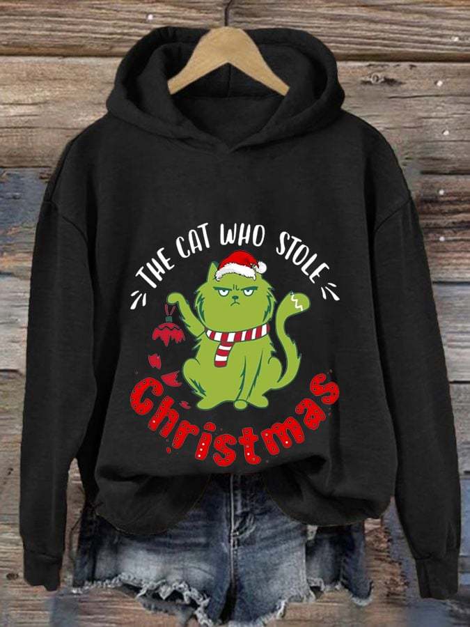 Women's The Cat Who Stole Christmas Print Casual Hoodie
