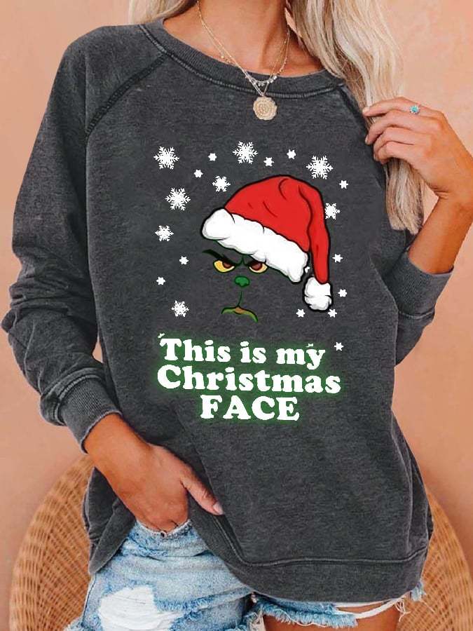 Women This Is My Christmas Face Print Casual Sweatshirt