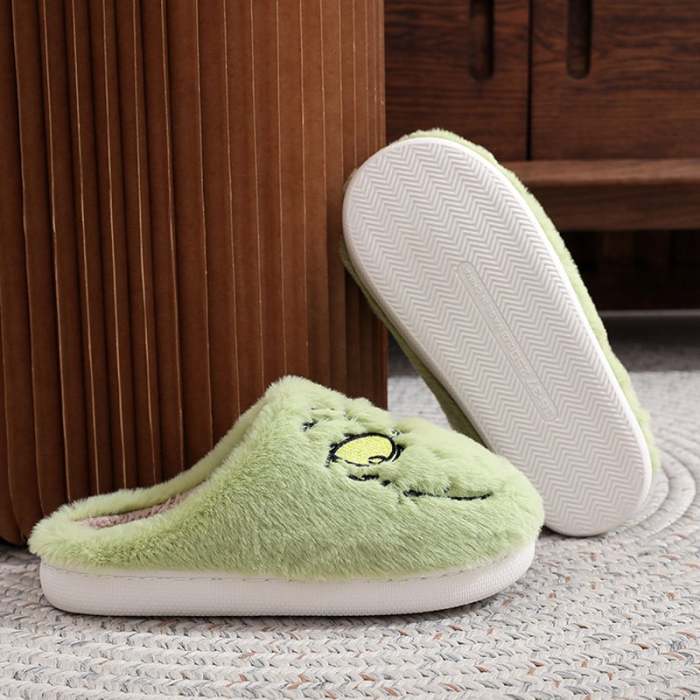 Christmas Men's And Women's Fashionable Home Green Fur Monster Warm Thick-Soled Soft-Soled Plush Slippers