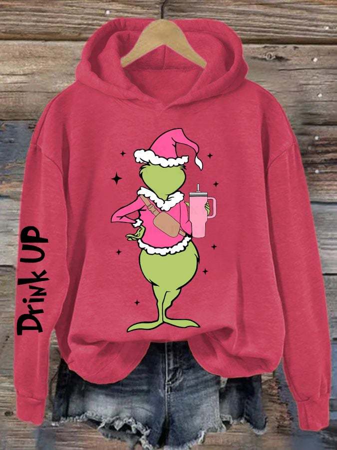 Women's Drink Up Christmas Pink Cartoon Character Graphic Casual Hoodie