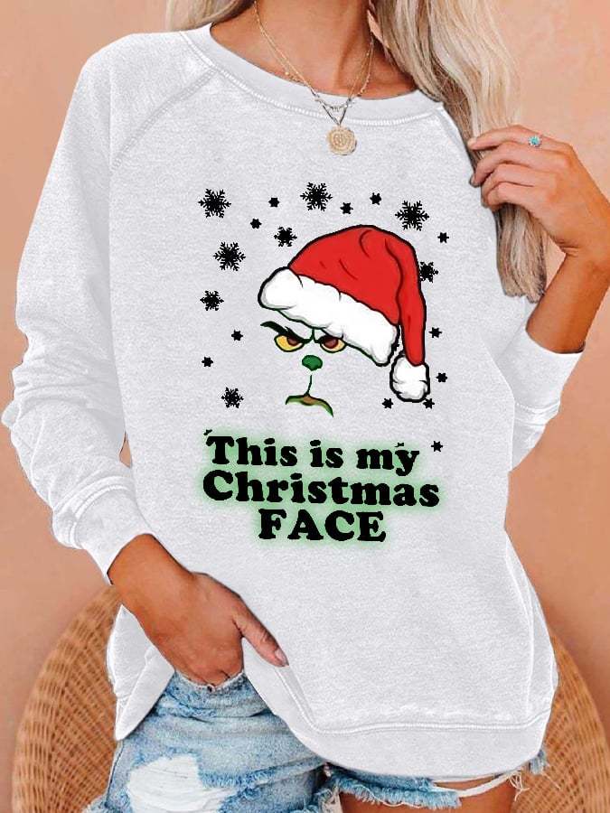 Women This Is My Christmas Face Print Casual Sweatshirt