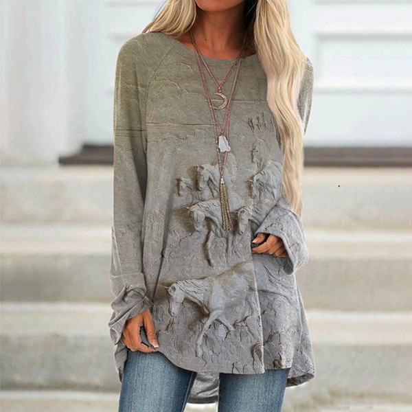 Vintage Horse Print Round Neck Casual Tunic