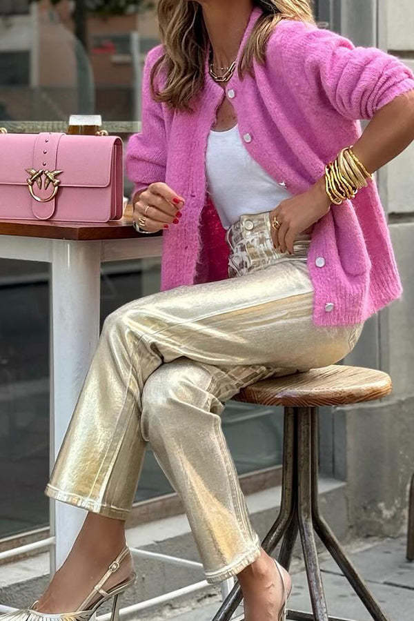 Retro straight-leg gold trousers with loose pockets and wide legs