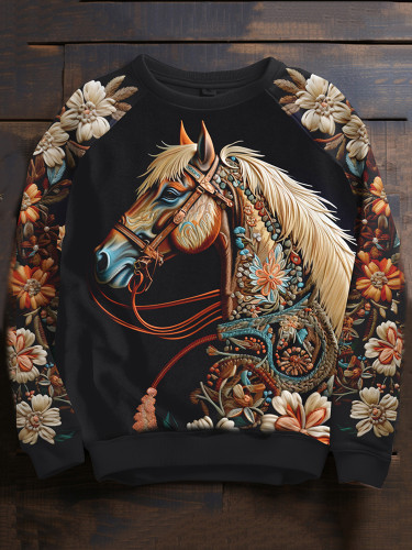 Vintage Flower Horse Print Round Neck Sweatshirt