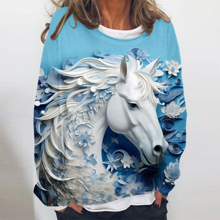 Art Horse Print Long Sleeve Loose Sweatshirt