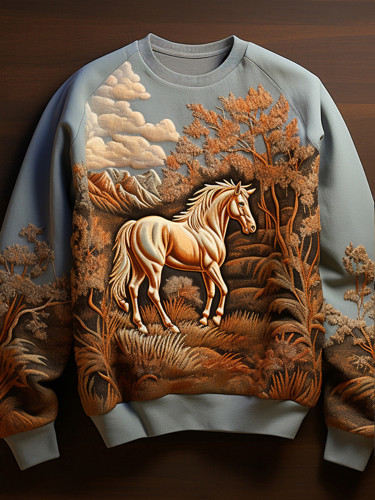 Vintage Art Horse Print Round Neck Sweatshirt