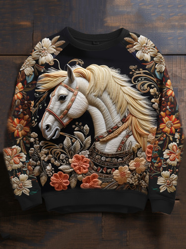 Women's Floral Horse Print Pullover Sweatshirt