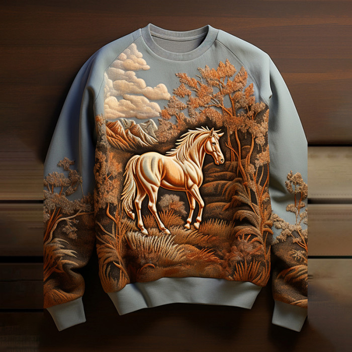 Vintage Art Horse Print Round Neck Sweatshirt