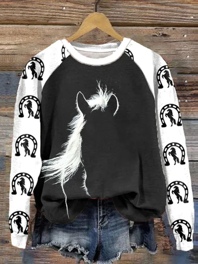 Horse Print Round Neck Casual Sweatshirt