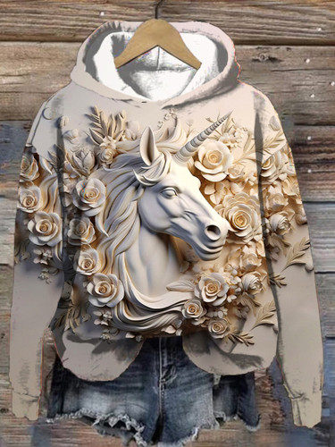 Vintage 3D Horse Print Long Sleeve Hoodie