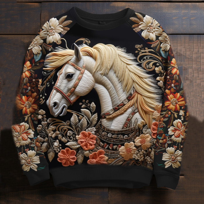 Women's Floral Horse Print Pullover Sweatshirt