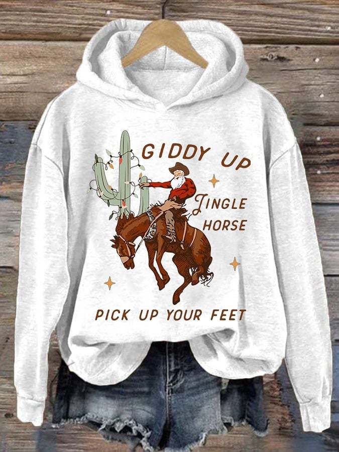 Women'S Casual Giddy Up Jingle Horse Pick Up Your Feet Printed Long Sleeve Sweatshirt