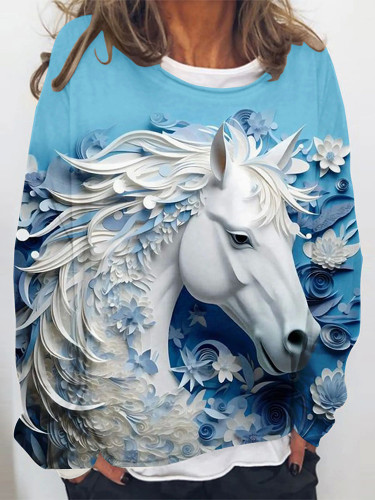 Art Horse Print Long Sleeve Loose Sweatshirt