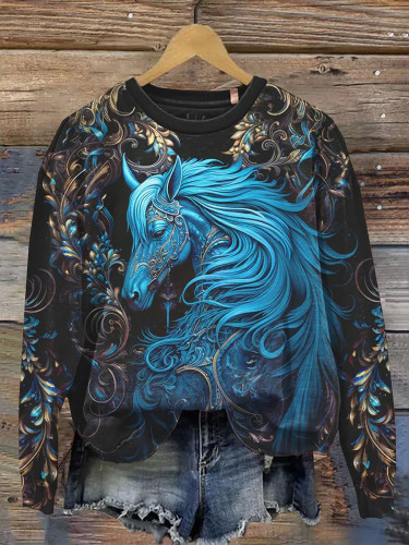 Vintage Art Horse Print Crew Neck Sweatshirt