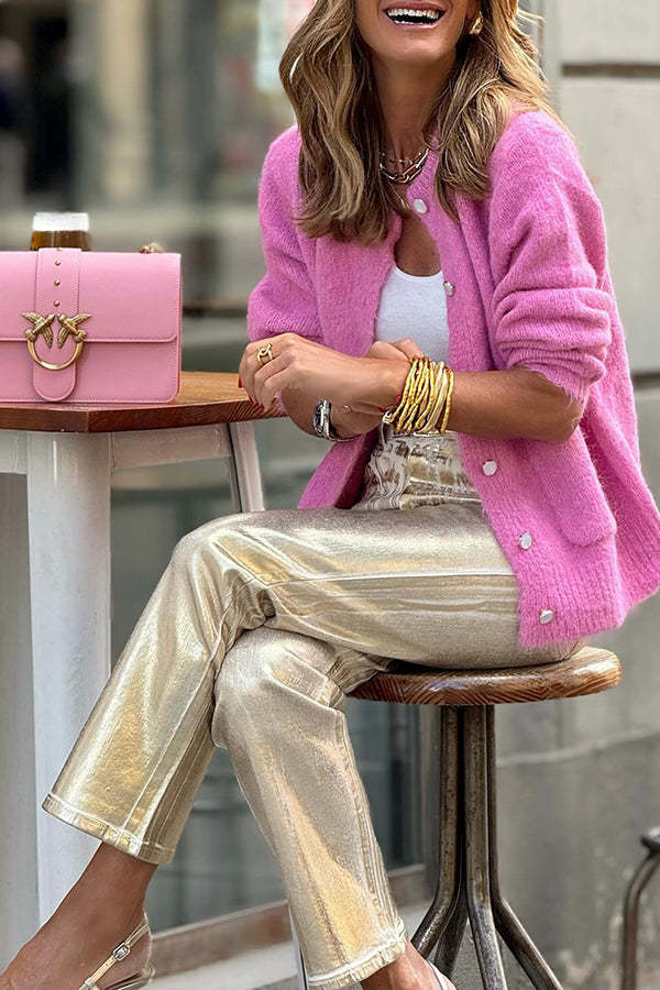 Retro straight-leg gold trousers with loose pockets and wide legs