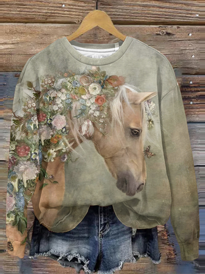 Vintage Western Horse And Floral Print Long Sleeve Sweatshirt