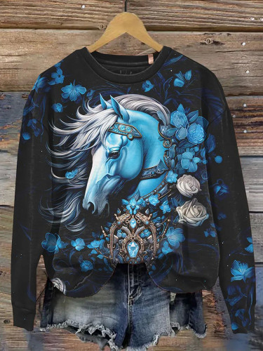 Art Horse Print Crew Neck Sweatshirt