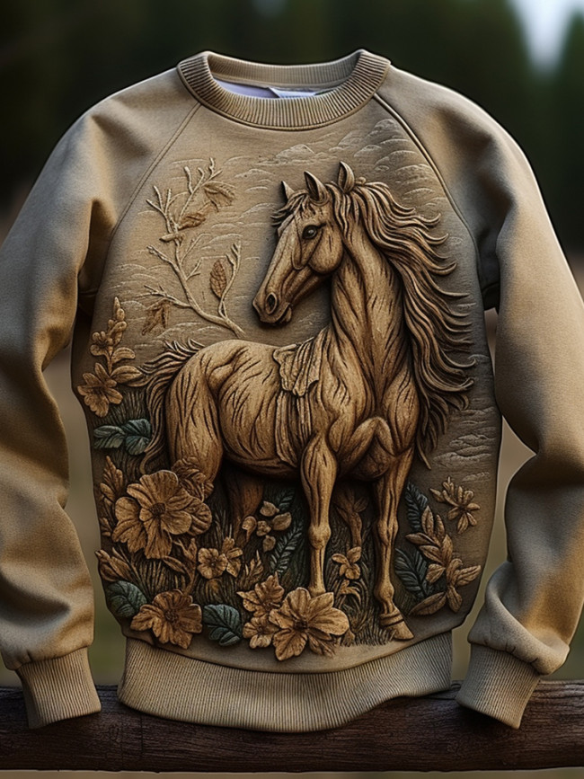 Vintage Horse Print Round Neck Sweatshirt