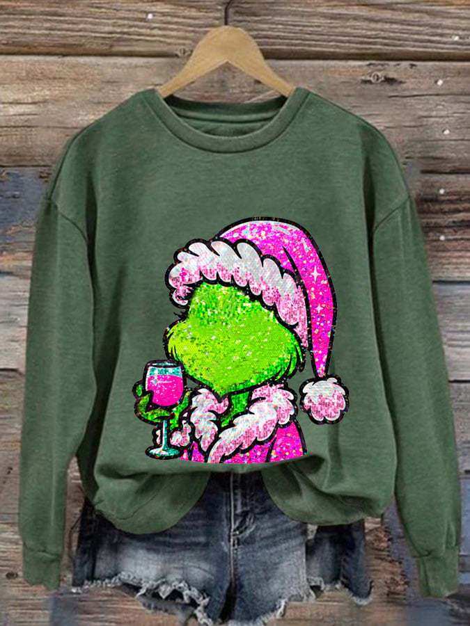 Women's Vintage Christmas Wine Print Casual Sweatshirt