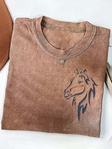 Vintage Western Horse Print Casual Cozy T-Shirt