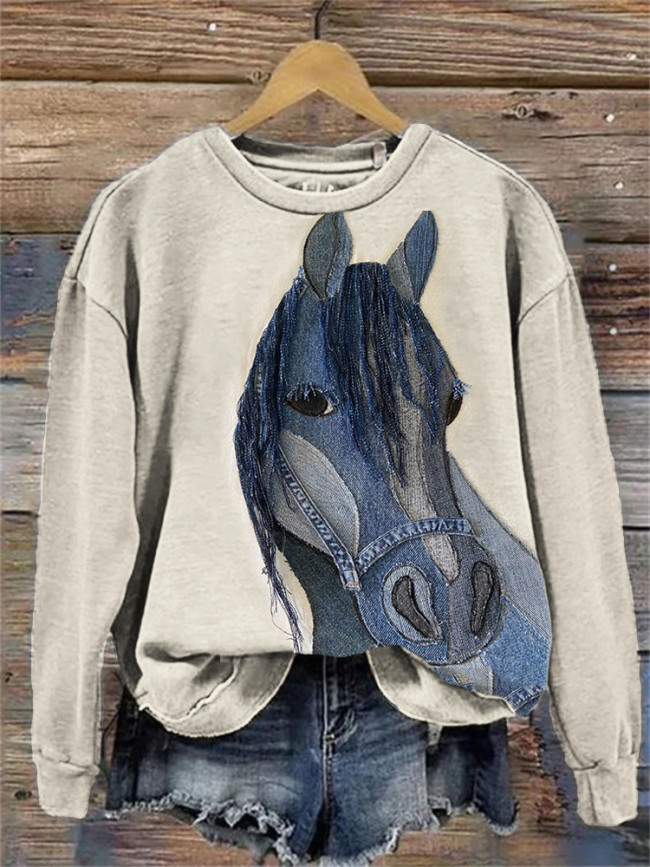 Horse Denim Patchwork Art Comfy Sweatshirt