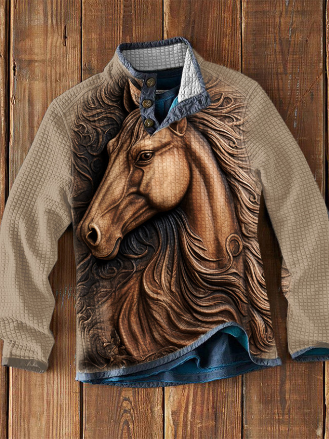 Horse Print Waffle Casual Sweatshirt