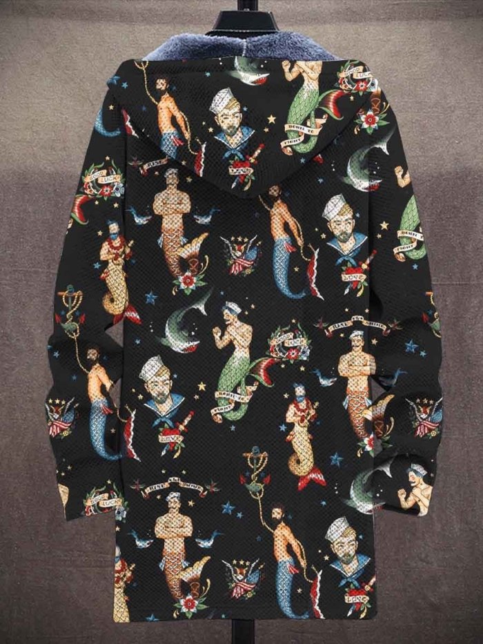 Men's Art Mermaid Print Plush Thick Loose Long-Sleeved Coat Cardigan