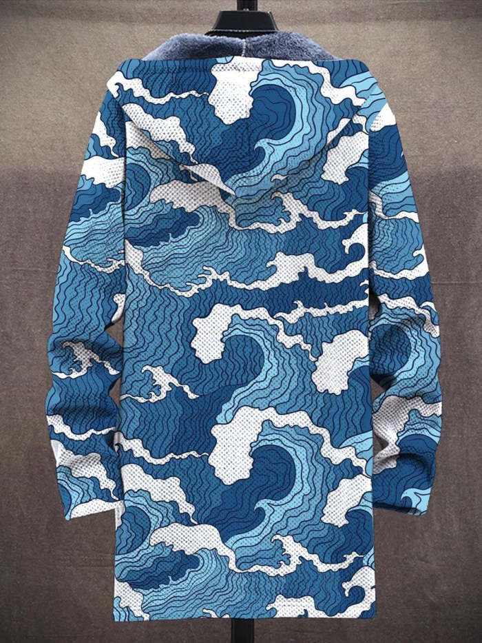 Men's Color Art Waves Plush Thick Long-Sleeved Sweater Coat Cardigan