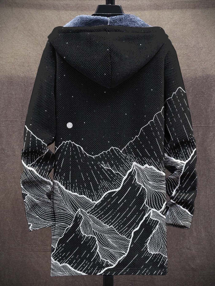 Men's Black And White Mountain Art Long-Sleeved Fleece Sweater Coat Cardigan