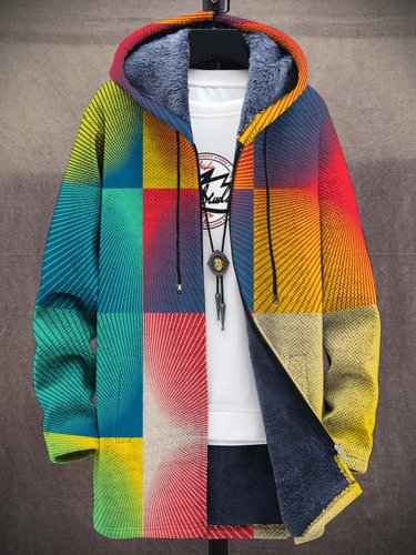 Unisex Simple Geometric Rainbow Art Pattern Plush Thick Long-Sleeved Sweater Coat Cardigan